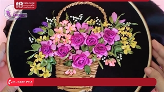 آموزش روبان دوزی | دوخت سبد گل محمدی با روبان