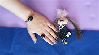 نیم ست دستبند و انگشتر حلقه ای سنگ ساعتی سیاه